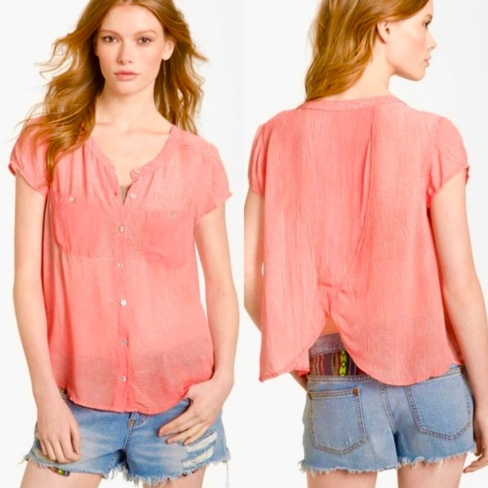 Free People We The Free Spellbound Top Short Sleeve Boho Coral Orange Large